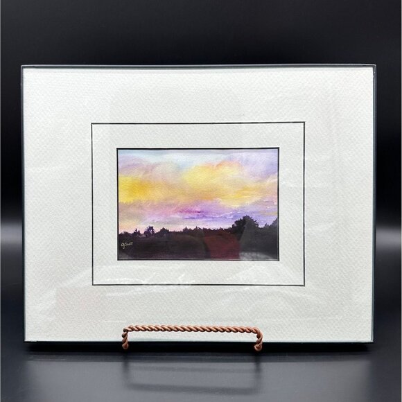 Handmade Other - Watercolor Painting Evening Sky Purple Yellow Signed Original Wall Art J Scott